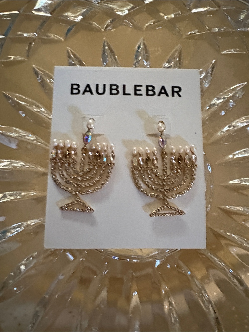BaubleBar Gold and Clear Crystal Menorah Drop Earrings